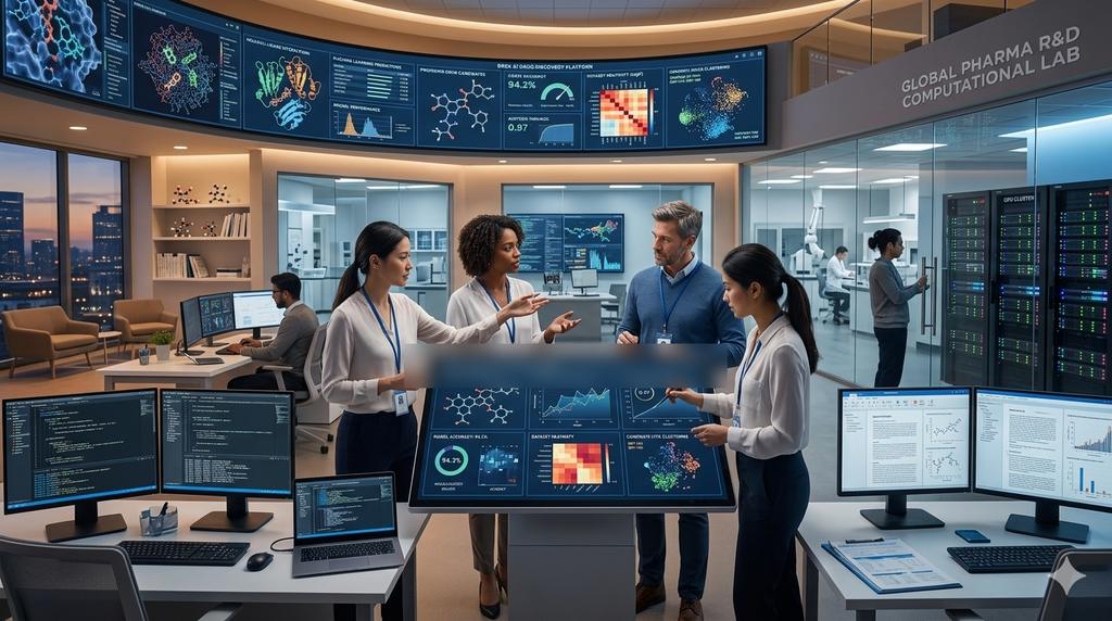 Team collaborating in a computational research hub with data walls