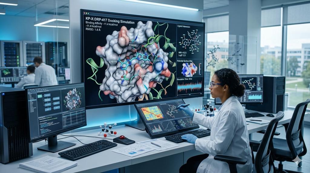 Scientist reviewing a protein docking simulation on large monitors