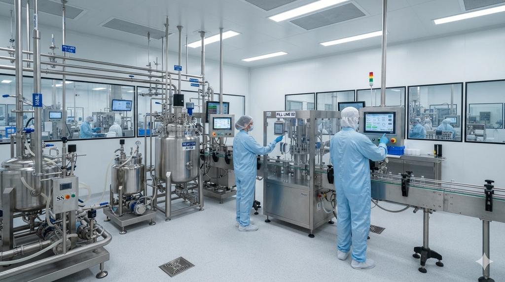 Process suite with stainless-steel vessels and operators in cleanroom attire