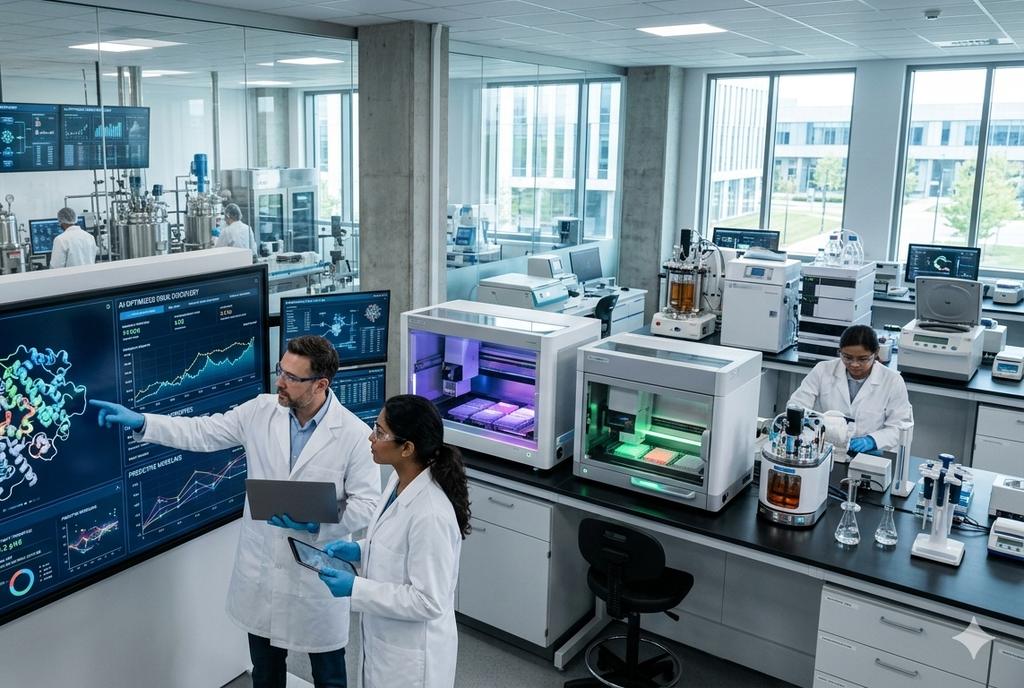 Research team reviewing a protein target on a large display in a laboratory