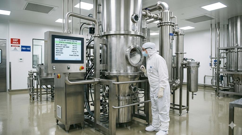 Operator beside a fluid bed processor in an oral solid dosage suite