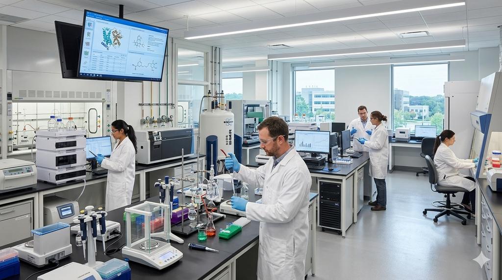 Open-plan laboratory with scientists at benches and a data display