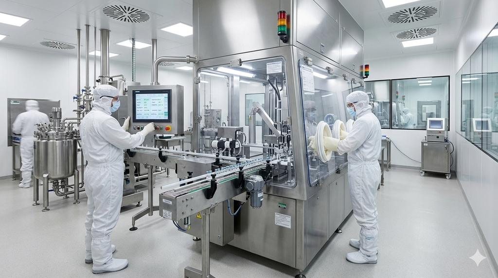 Operators in cleanroom gowns monitoring an automated aseptic filling line