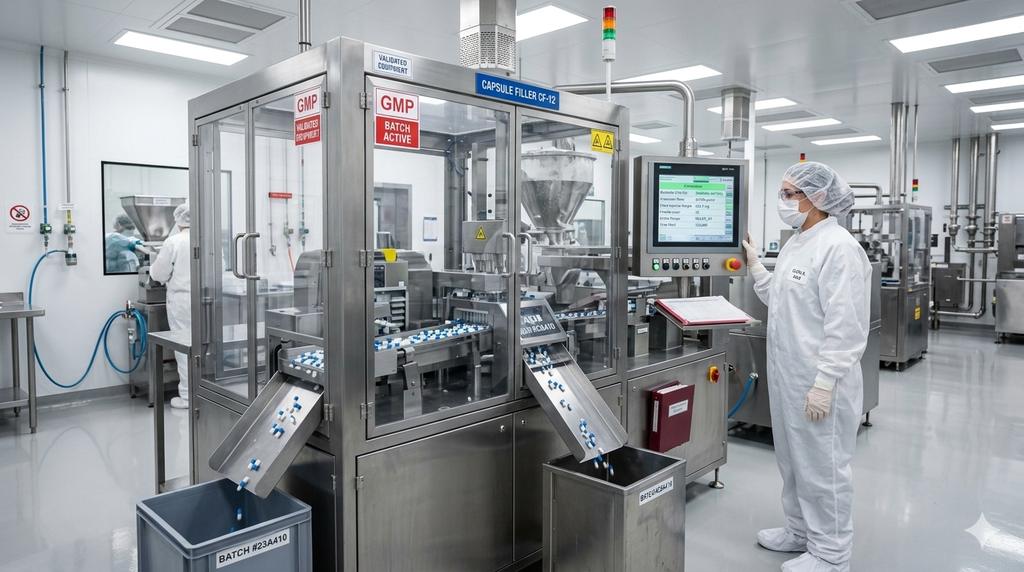 Operator at an automated capsule-filling machine in a GMP suite
