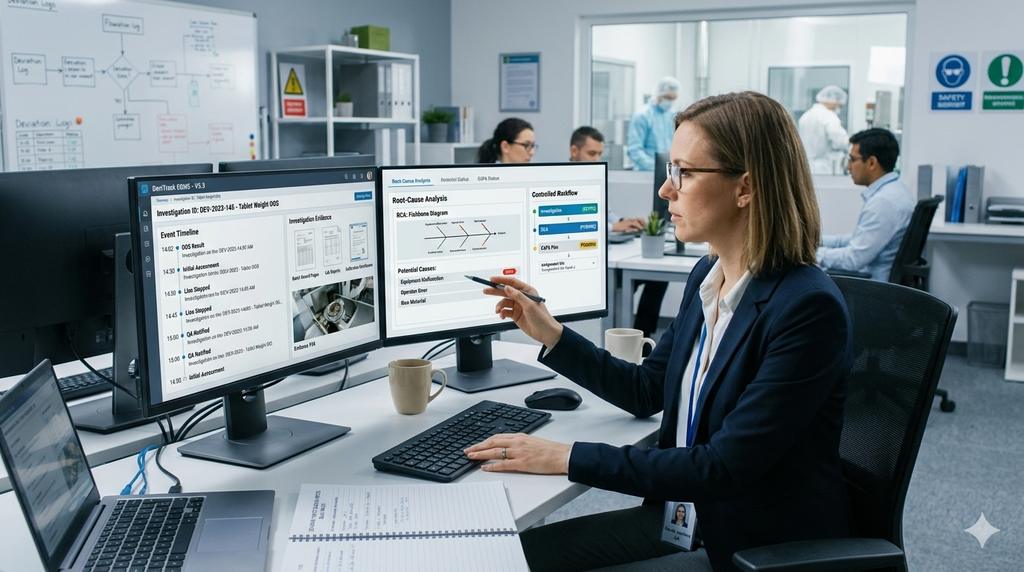 Quality professional reviewing controlled documents across two monitors